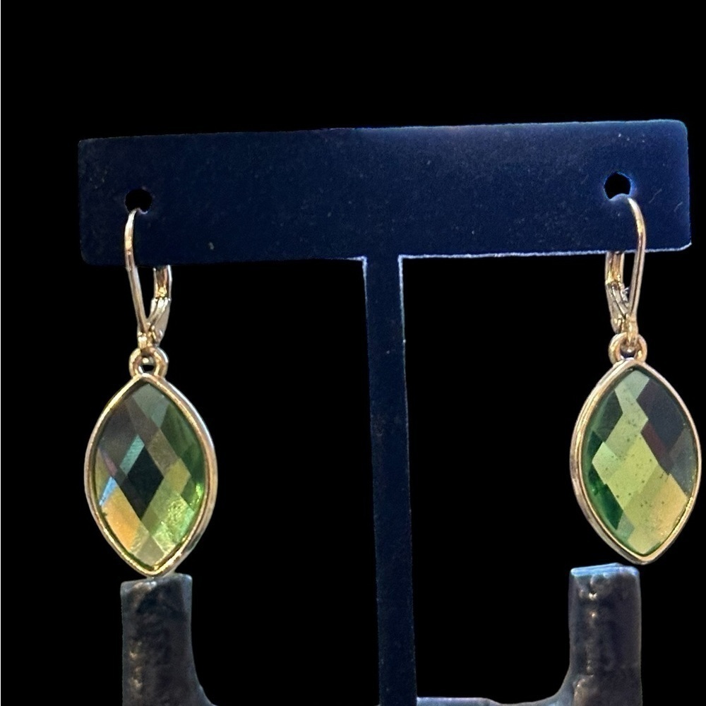 Monet lush green gold trim pierce drop earrings.  Approximately 1” drop